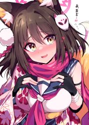 Rule 34 | 1girl, absurdres, animal ears, blue archive, blush, brown eyes, brown hair, embarrassed, fang, fox ears, fox mask, fox tail, gloves, hands on own chest, heart, highres, himiya jouzu, izuna (blue archive), mask, mask on head, partially fingerless gloves, sailor collar, scarf, tail