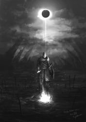 Rule 34 | 1other, ambiguous gender, armor, artist name, ashen one (dark souls 3), belt, bonfire, dark souls (series), dark souls iii, greyscale, helm, helmet, highres, knight, monochrome, outdoors, pants, planted, planted sword, planted weapon, shield, solo, standing, sword, tripdancer, weapon