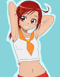 Rule 34 | 10s, 1girl, armpits, arms behind head, blue background, grin, hair ornament, hino akane (smile precure!), long hair, midriff, navel, oimanji, outline, ponytail, precure, red eyes, red hair, smile, smile precure!, solo