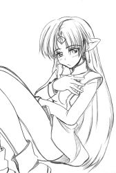 Rule 34 | 1girl, frown, greyscale, lafiel, long hair, monochrome, parted bangs, pointy ears, seikai no senki, simple background, solo, thighs, white background, zero point