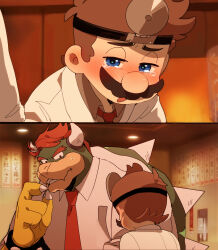 Rule 34 | 2boys, 2koma, big nose, blue eyes, blush, bowser, collared shirt, comic, commentary, dr. mario, dr. mario (game), english commentary, facial hair, forked eyebrows, furry, furry with non-furry, highres, interspecies, kamari (kakomari25), lab coat, large hands, looking at another, male focus, mario, mario (series), meme, multiple boys, mustache, necktie, nintendo, parody, red hair, red necktie, salaryman, shirt, short hair, size difference, spiked shell, sweatdrop, tearing up, textless version, thick eyebrows, turtle shell, upper body, why couldn&#039;t i be your wife (meme), yaoi