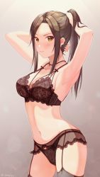Rule 34 | 1girl, armpits, arms behind head, arms up, black bra, black panties, black thighhighs, blush, bra, breasts, cleavage, closed mouth, commentary request, garter belt, garter straps, high ponytail, highres, idolmaster, idolmaster cinderella girls, lace, lace trim, large breasts, lingerie, long hair, mukai takumi, navel, panties, parted bangs, ponytail, shangzi, sidelocks, solo, stomach, thighhighs, thighs, tying hair, underwear, yellow eyes