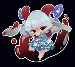 Rule 34 | 1girl, arms up, ayahi 4, bare shoulders, barefoot, black background, blood, blue dress, blue ribbon, blush, blush stickers, commentary, dress, eyelashes, full body, grey hair, hands up, highres, horns, leg up, looking at viewer, off-shoulder dress, off shoulder, open mouth, pointy ears, red eyes, ribbon, sharp teeth, short hair, short sleeves, simple background, solo, spoon, standing, standing on one leg, symbol-only commentary, teeth, touhou, toutetsu yuuma, v-shaped eyebrows, weapon, wide sleeves
