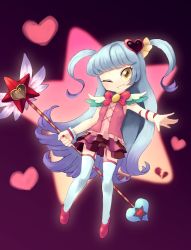 Rule 34 | 1girl, :d, blue hair, bow, bowtie, garter straps, heart, heart in eye, highres, holding, holding wand, lobotomy corporation, long hair, looking at viewer, magical girl, okame nin, one eye closed, open mouth, pink skirt, pink vest, project moon, queen of hatred, red bow, red bowtie, skirt, smile, solo, star (symbol), star in eye, symbol in eye, thighhighs, two side up, very long hair, vest, wand, white thighhighs, wristband, yellow eyes