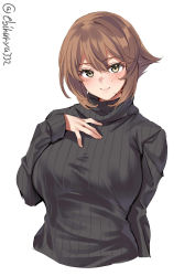Rule 34 | 1girl, alternate costume, black sweater, blush, breasts, brown hair, ebifurya, flipped hair, green eyes, hair between eyes, hand on own chest, highres, kantai collection, large breasts, lips, long sleeves, looking at viewer, mutsu (kancolle), one-hour drawing challenge, ribbed sweater, short hair, simple background, solo, sweater, turtleneck, turtleneck sweater, twitter username, upper body, white background