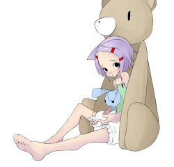 Rule 34 | 1girl, animal ears, barefoot, cat ears, feet, kimura akiyoshi, playing games, purple hair, solo, stuffed animal, stuffed toy, teddy bear, video game