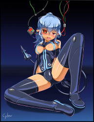 Rule 34 | 10s, 1girl, black sclera, blue hair, breasts, busou shinki, cable, cable tail, colored sclera, corruption, cyber (cyber knight), elbow gloves, gloves, long hair, mechanical tail, mismatched sclera, pointy ears, red eyes, solo, tail, thighhighs, underboob, valona