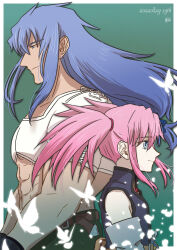 1boy 1girl abs back-to-back belt blue_eyes blue_hair brown_belt bug butterfly chest_jewel closed_mouth crop_top dated dress elbow_gloves gloves glowing glowing_butterfly glowing_petals green_background green_pants half-closed_eyes highres insect kiyou_sumomo long_hair low_ponytail muscular muscular_male pants petals pink_hair presea_combatir regal_bryan shirt simple_background sleeveless smile tales_of_(series) tales_of_symphonia twintails white_shirt