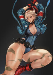 Rule 34 | 1girl, adapted costume, arms up, artist name, belt, beret, blonde hair, blue eyes, boots, cammy white, camouflage, choker, commentary request, facial scar, gloves, gradient background, hat, highleg, highleg leotard, highres, holding, jacket, leg up, leotard, lips, magion02, open clothes, open jacket, parted lips, red footwear, scar, scar on cheek, scar on face, short hair, signature, simple background, solo, street fighter, street fighter 6, street fighter v, sweat, thighs, utility belt, zipper, zipper pull tab