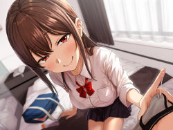 Rule 34 | 1boy, 1girl, absurdres, aoi tiduru, bag, blurry, blurry background, blush, bra, breasts, brown hair, bulge, closed mouth, depth of field, erection, erection under clothes, foreshortening, half-closed eyes, highres, indoors, long hair, looking at viewer, love hotel, medium breasts, non-web source, on bed, original, pleated skirt, precum, red eyes, school bag, school uniform, see-through, sitting, skirt, smile, solo focus, underwear