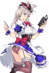 Rule 34 | 1girl, alternate costume, ass, bad id, bad pixiv id, black panties, black thighhighs, blue eyes, earrings, enmaided, fate/grand order, fate (series), garter straps, hair ornament, jewelry, looking back, maid, miyamoto musashi (fate), miyamoto musashi (first ascension) (fate), panties, pantyshot, shirokuma a, simple background, solo, standing, thighhighs, underwear, white background, wrist cuffs