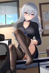 Rule 34 | 1girl, black choker, black jacket, black skirt, blue sky, blush, board, breasts, bronya zaychik, bronya zaychik (silverwing: n-ex), censored, chair, choker, cleavage, closed mouth, clothes pull, crossed bangs, drill hair, feet, foot out of frame, grey eyes, grey hair, highres, honkai (series), honkai impact 3rd, id card, indoors, jacket, knee up, lanyard, large breasts, legs, long hair, long sleeves, looking at viewer, lrh0123, applying manicure, monitor, mosaic censoring, nail polish, no panties, no shoes, office, office chair, office lady, orange nails, pantyhose, pantyhose pull, pussy, skirt, sky, smile, solo, sticky note, swivel chair, table, toenail polish, toenails, toes, twin drills, very long hair