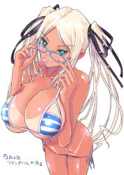 Rule 34 | 1girl, :p, adjusting eyewear, aqua eyes, bikini, blonde hair, blue-framed eyewear, breasts, breasts squeezed together, dark-skinned female, dark skin, eyeshadow, glasses, hair ribbon, highres, huge breasts, long hair, looking at viewer, makeup, nenchi, original, ribbon, side-tie bikini bottom, simple background, solo, striped bikini, striped clothes, swimsuit, tan, tanline, tongue, tongue out, translation request, twintails, very long hair, white background