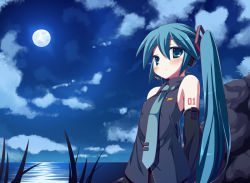 Rule 34 | 1girl, amakara surume, arms behind back, bad id, bad pixiv id, blush, detached sleeves, flat chest, full moon, green eyes, green hair, hatsune miku, long hair, matching hair/eyes, moon, necktie, night, solo, twintails, very long hair, vocaloid, water