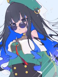 Rule 34 | 1girl, black eyes, black hair, blue background, blue hair, buttons, colored inner hair, commentary request, fate/grand order, fate (series), green hat, hat, highres, i10 ksw, long hair, looking at viewer, multicolored hair, off shoulder, simple background, solo, sunglasses, tenochtitlan (fate), tenochtitlan (second ascension) (fate), two-tone hair, very long hair