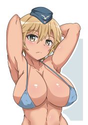 Rule 34 | 10s, 1girl, absurdres, armpits, arms behind head, arms up, bad id, bad pixiv id, bikini, blonde hair, brave witches, breasts, covered erect nipples, half-closed eyes, hat, highres, large breasts, looking at viewer, navel, seductive gaze, short hair, solo, swimsuit, tavor (m tavor), waltrud krupinski, world witches series, yellow eyes