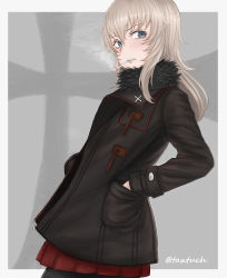 Rule 34 | 10s, 1girl, black coat, black pantyhose, cigarette, clenched teeth, coat, commentary, cowboy shot, cross, frown, fur collar, girls und panzer, grey background, hands in pockets, highres, iron cross, itsumi erika, kuromorimine military uniform, long hair, long sleeves, looking at viewer, miniskirt, mouth hold, open clothes, open coat, outside border, pantyhose, pleated skirt, red skirt, skirt, smoking, solo, standing, tacch, teeth, twitter username, winter uniform, zipper