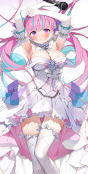 Rule 34 | 1girl, armpits, bed sheet, blue hair, blush, braid, breasts, cleavage, dakimakura (medium), detached collar, detached sleeves, dress, earrings, elbow gloves, gaou (umaiyo puyoman), gloves, hands up, highres, holding, holding microphone, hololive, idol, jewelry, large breasts, looking at viewer, lying, microphone, minato aqua, minato aqua (aqua iro super dream), multicolored hair, on back, on bed, parted lips, pink eyes, pink hair, short sleeves, solo, streaked hair, striped clothes, striped thighhighs, thigh gap, thighhighs, twintails, two-tone hair, virtual youtuber, white dress, white gloves, white thighhighs