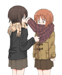 Rule 34 | 2girls, brown eyes, brown hair, brown skirt, clenched hands, coat, duffel coat, girls und panzer, jacket, multiple girls, mutsu (layergreen), nishizumi maho, nishizumi miho, orange eyes, orange hair, plaid, plaid scarf, pleated skirt, scarf, scarf over mouth, short hair, siblings, sisters, skirt, white background, winter clothes