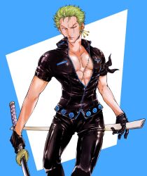 Rule 34 | 1boy, bandana around arm, black gloves, black pants, black shirt, blue background, chabo (niwatori bosori), commentary request, cowboy shot, earrings, gloves, green hair, highres, holding, holding sword, holding weapon, jewelry, looking to the side, male focus, one eye closed, one piece, one piece film: gold, pants, roronoa zoro, scar, scar across eye, scar on chest, shirt, short hair, sideburns, solo, sword, v-shaped eyebrows, weapon