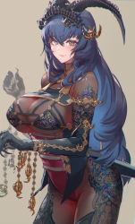 Rule 34 | 1girl, absurdres, beige background, blue hair, blush, bodysuit, breasts, claws, cleavage, closed mouth, commentary request, cowboy shot, crossed bangs, eyebrows hidden by hair, hair between eyes, heart, heart in eye, highres, horns, jewelry, kaburagi yasutaka, large breasts, lipstick, long hair, looking at viewer, makeup, original, pink lips, smile, solo, symbol in eye, tagme, yellow eyes