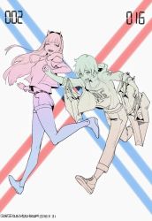 Rule 34 | 10s, 1boy, 1girl, :d, artist name, bag, clothes writing, darling in the franxx, dated, gorgeous mushroom, grocery bag, holding hands, hiro (darling in the franxx), horns, jacket, limited palette, long hair, looking at another, one eye closed, open clothes, open jacket, open mouth, pants, revision, shirt, shoes, shopping bag, shorts, smile, sweatdrop, walking, zero two (darling in the franxx)