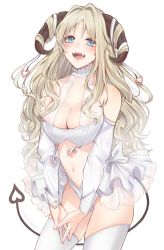 Rule 34 | 1girl, :d, blonde hair, blue eyes, blush, bow, breasts, carrot (robosquat), choker, cleavage, collarbone, cowboy shot, darling in the franxx, demon girl, demon horns, demon tail, detached sleeves, eyelashes, fingernails, frills, hair intakes, hair on horn, heart, highres, horn ornament, horn ribbon, horns, kokoro (darling in the franxx), large breasts, long hair, long sleeves, looking at viewer, midriff, nail polish, navel, open mouth, own hands together, pink nails, revealing clothes, ribbon, see-through, simple background, skindentation, smile, solo, tail, thighhighs, wavy hair, white background, white bow, white ribbon, white thighhighs