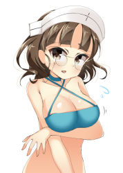 Rule 34 | 10s, 1girl, bad id, bad pixiv id, bikini, bikini top only, breast hold, breasts, brown eyes, brown hair, cleavage, eyewear strap, glasses, halterneck, headdress, kankitsunabe (citrus), kantai collection, large breasts, pince-nez, roma (kancolle), short hair, solo, swimsuit, upper body, white background
