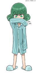 Rule 34 | 1girl, absurdres, closed mouth, curly hair, frown, full body, gnsisir, green eyes, green hair, hand up, highres, looking at viewer, one-punch man, one (style), pajamas, parody, simple background, sleeves past fingers, sleeves past wrists, slippers, smelling, solo, standing, striped clothes, striped pajamas, style parody, tatsumaki, white background