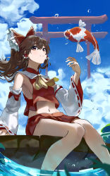 Rule 34 | 1girl, absurdres, ahoge, animal, ascot, bare shoulders, barefoot, blue sky, bow, breasts, brown eyes, brown hair, closed mouth, cloud, commentary request, day, detached sleeves, feet out of frame, feipin zhanshi, fish, frilled bow, frills, hair bow, hakurei reimu, hand up, highres, koi, long hair, long sleeves, looking at viewer, midriff, miniskirt, navel, outdoors, pier, ponytail, red bow, red skirt, ribbon-trimmed sleeves, ribbon trim, sideboob, skirt, sky, small breasts, smile, soaking feet, solo, torii, touhou, water, water drop, yellow ascot