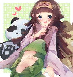 Rule 34 | 1boy, :d, alluka zoldyck, androgynous, barefoot, black eyes, blue eyes, blunt bangs, blush, brown hair, commentary request, feet, hairband, heart, hunter x hunter, japanese clothes, long hair, open mouth, polka dot, polka dot background, smile, soles, solo, stuffed animal, stuffed lion, stuffed panda, stuffed toy, toes, trap, usamata
