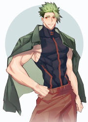 Rule 34 | 1boy, abs, absurdres, achilles (fate), armpit peek, arms at sides, black shirt, brown pants, closed mouth, coat, coat on shoulders, cowboy shot, fate/grand order, fate (series), green coat, haruakira, highres, male focus, muscular, muscular male, pants, pectorals, shirt, short hair, sideways glance, sleeveless, sleeveless shirt, smile, solo, spiked hair, undercut, white background