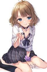 1girl :q absurdres ahoge arm_support bangle between_legs black_bow black_bowtie black_choker black_nails black_socks blue_eyes blush bow bowtie bracelet breasts brown_hair brown_shoes choker cleavage closed_mouth collarbone collared_shirt concept_gyarus_(idolmaster) diagonal-striped_bow diagonal-striped_bowtie diagonal-striped_clothes dot_nose eyelashes feet_out_of_frame grey_skirt gyaru gyaru_v hand_between_legs heart heart_choker highres idolmaster idolmaster_million_live! idolmaster_million_live!_theater_days jewelry looking_at_viewer loose_bowtie medium_hair official_alternate_costume open_collar parted_bangs plaid_clothes plaid_skirt pleated_skirt purple_scrunchie school_uniform scrunchie shirt shoes sidelocks silver_bangle silver_bracelet silver_ring skirt sleeves_rolled_up small_breasts socks solo sorashima_(117) striped_clothes suou_momoko tongue tongue_out v wavy_hair white_shirt wrist_scrunchie