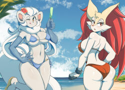 Rule 34 | 2girls, :p, animal ears, ass, beach, bikini, blue bikini, blue eyes, blue gloves, blue sky, blush, braixen, braxy (lucyfer), breasts, cinccina (lucyfer), cinccino, cleavage, creatures (company), curvy, elbow gloves, flower, flower on head, food, fox ears, fox girl, furry, furry female, game freak, gen 5 pokemon, gen 6 pokemon, gloves, hand on own hip, highres, holding, holding food, huge ass, ice cream, large breasts, long hair, looking at viewer, looking back, lucyfer, multiple girls, naughty face, navel, nintendo, no humans, one eye closed, personification, pokemon, pokemon (creature), red bikini, red eyes, side-tie bikini bottom, simple background, sky, standing, swimsuit, thong, thong bikini, tongue, tongue out, very long hair, white hair, wide hips, wink