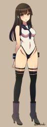 Rule 34 | 10s, 1girl, alternate costume, anchor symbol, ankle boots, arms at sides, arms behind back, bare shoulders, black hair, black thighhighs, blunt bangs, boots, breasts, character check, covered navel, female focus, full body, gluteal fold, groin, hatsuyuki (kancolle), high heel boots, high heels, highres, hime cut, kantai collection, leotard, long hair, long legs, looking at viewer, parted lips, partially visible vulva, red eyes, sailor collar, shiny skin, solo, standing, takeda aranobu, thighhighs, thighs