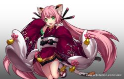Rule 34 | 1girl, :3, :d, animal ears, cat ears, detached sleeves, gradient background, green eyes, grey background, japanese clothes, kimono, long hair, obi, official art, open mouth, pink hair, sandals, sash, smile, standing, standing on one leg, tassel, very long hair, vixi c, watermark, web address, white legwear, wide sleeves