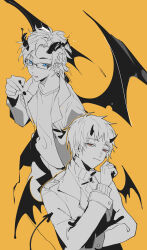 Rule 34 | 2boys, absurdres, atou haruki, blue eyes, chinese commentary, commentary request, demon boy, demon horns, demon tail, demon wings, greyscale with colored background, hand up, highres, horns, jacket, kanou aogu, long sleeves, male focus, multiple boys, open clothes, open jacket, red eyes, ribbed sweater, saibou shinkyoku, shirt, simple background, spot color, sweater, tail, tongue, tongue out, turtleneck, turtleneck sweater, wings, xiao228, yellow background