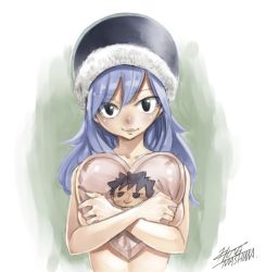 Rule 34 | 1girl, armpits, artist name, barefoot, blue eyes, blue hair, breast press, breasts, cameo, clenched hands, collarbone, colorized, completely nude, eyelashes, facing viewer, fairy tail, female focus, fingernails, gradient background, gray fullbuster, hair between eyes, happy, hat, heart, heart-shaped pillow, holding, holding pillow, hugging object, juvia lockser, large breasts, legs, long hair, looking at viewer, mashima hiro, matching hair/eyes, neck, nude, pillow, pillow hug, seductive smile, sexually suggestive, side bangs, sidelocks, signature, smile, standing, thighs, traditional media, two-tone background, unworn clothes, wavy hair