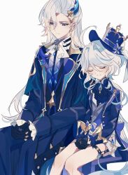 Rule 34 | 1boy, 1girl, ahoge, ascot, black gloves, blue ascot, blue eyes, blue hair, blue headwear, blue jacket, closed eyes, closed mouth, cowboy shot, furina (genshin impact), genshin impact, gg suyari, gloves, grey hair, hat, highres, jacket, light blue hair, long hair, looking to the side, multicolored hair, neuvillette (genshin impact), purple eyes, shorts, sidelocks, simple background, sitting, smile, streaked hair, top hat, two-tone hair, white ascot, white background, white shorts