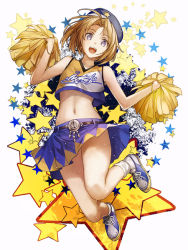 Rule 34 | 1girl, :d, belt, blonde hair, cheerleader, hat, jumping, komecchi, midriff, navel, open mouth, original, outstretched arms, pom pom (cheerleading), purple eyes, shoes, short hair, skirt, smile, sneakers, socks, solo, star (symbol)