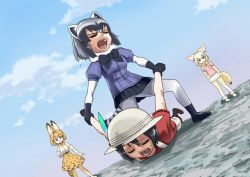 Rule 34 | 10s, 4girls, animal ears, artist request, common raccoon (kemono friends), day, fennec (kemono friends), fighting, gachimuchi pants wrestling, gaybar pose, kaban (kemono friends), kemono friends, multiple girls, outdoors, outstretched arms, school uniform, serval (kemono friends), serval print, serval tail, sky, stretching, tail, wrestling (series)