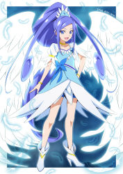 Rule 34 | 1girl, angel wings, ankle boots, artist name, bike shorts under skirt, blue background, blue dress, blue eyes, blue hair, blue shorts, boots, border, bracelet, brooch, choker, crystal earrings, cure diamond, dated, dokidoki! precure, dress, earrings, feathers, full body, hair ornament, heart, heart brooch, high heels, highres, hishikawa rikka, jewelry, long hair, looking at viewer, magical girl, nakahira guy, open mouth, ponytail, precure, puffy short sleeves, puffy sleeves, short sleeves, shorts, signature, smile, solo, tiara, very long hair, white border, white footwear, wings, yellow choker