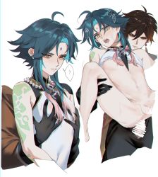 Rule 34 | 2boys, ?, anal, aqua hair, arm tattoo, bead necklace, beads, black gloves, black hair, blush, brown hair, censored, closed mouth, earrings, facial mark, forehead mark, genshin impact, gloves, groping, highres, jewelry, male focus, male penetrated, multicolored hair, multiple boys, necklace, nipples, open mouth, penis, sex, simple background, single earring, spoken question mark, tattoo, white background, xiao (genshin impact), xiao 417, yaoi, yellow eyes, zhongli (genshin impact)