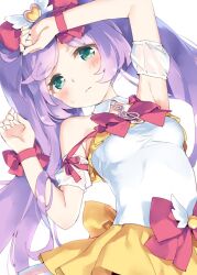 Rule 34 | 1girl, arm cuffs, armpits, bare shoulders, blush, bow, breasts, commentary, detached collar, frills, green eyes, hair bow, hand on own head, highres, kani biimu, long hair, looking at viewer, lying, manaka laala, on back, pretty series, pripara, purple hair, red bow, simple background, skirt, small breasts, solo, sweatdrop, treble clef, twintails, very long hair, white background, wrist bow, yellow skirt