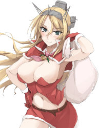 Rule 34 | 1girl, armpits, bell, belt, blonde hair, blue eyes, breasts, cleavage, commentary request, cropped jacket, fur trim, headgear, kantai collection, large breasts, long hair, midriff, miniskirt, mistletoe, navel, necktie, nelson (kancolle), sack, santa costume, skirt, solo, thighhighs, white background, zekkyon