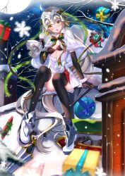 Rule 34 | 1girl, ahoge, armor, armored boots, bare tree, bikini, bikini top only, black bikini, black gloves, black thighhighs, blonde hair, blurry, blush, boots, bow, box, breasts, capelet, chimney, depth of field, elbow gloves, fate/grand order, fate (series), full body, full moon, gift, gift box, gloves, hair bow, head tilt, headpiece, highres, holding, icicle, jeanne d&#039;arc (fate), jeanne d&#039;arc alter (fate), jeanne d&#039;arc alter santa lily (fate), long hair, looking at viewer, medium breasts, moon, night, night sky, open mouth, outdoors, rooftop, sack, sitting, sky, snow, snowflakes, snowing, solo, striped, striped bow, swimsuit, swordsouls, thighhighs, tree, very long hair, yellow eyes