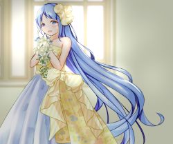 Rule 34 | artist request, bad id, bad pixiv id, blue eyes, blue hair, collarbone, dress, flower, highres, holding, holding flower, indoors, kantai collection, long hair, samidare (kancolle), smile, solo, strapless, strapless dress, very long hair, wedding, wedding dress, window, yellow wedding dress