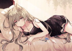 Rule 34 | 1girl, animal ears, bare arms, bare shoulders, bed, black dress, blue flower, blush, breasts, brown eyes, cat ears, cat girl, cat tail, cecilia (shiro seijo to kuro bokushi), cleavage, closed mouth, collarbone, commentary request, dress, flower, frilled dress, frills, green hair, hair between eyes, hands up, kazutake hazano, kemonomimi mode, long hair, lying, medium breasts, on bed, on side, pillow, shiro seijo to kuro bokushi, sleeveless, sleeveless dress, solo, tail, very long hair