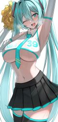 Rule 34 | 1girl, 39, alternate breast size, alternate costume, aqua eyes, aqua hair, aqua necktie, armpits, arms up, black skirt, black thighhighs, breasts, character name, cheerleader, commentary, cowboy shot, detached sleeves, hair between eyes, hana hebi, hatsune miku, highres, large breasts, long hair, looking at viewer, midriff, navel, necktie, one eye closed, open mouth, pleated skirt, pom pom (cheerleading), shadow, simple background, skirt, smile, solo, thighhighs, twintails, underboob, very long hair, vocaloid, white background