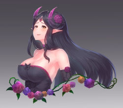 1girl, armpits, bare shoulders, black hair, blush, breasts, choker, cleavage, collarbone, cropped torso, demon girl, demon horns, elbow gloves, eyelashes, flower, forehead jewel, from side, gloves, gradient, gradient background, grey background, hair flower, hair ornament, highres, horns, impossible clothes, impossible shirt, king&#039;s raid, large breasts, long hair, looking at viewer, pointy ears, shamilla, shirt, sidelocks, smile, solo, straight hair, strapless, upper body, yellow eyes, yu mochi (kamiinu)